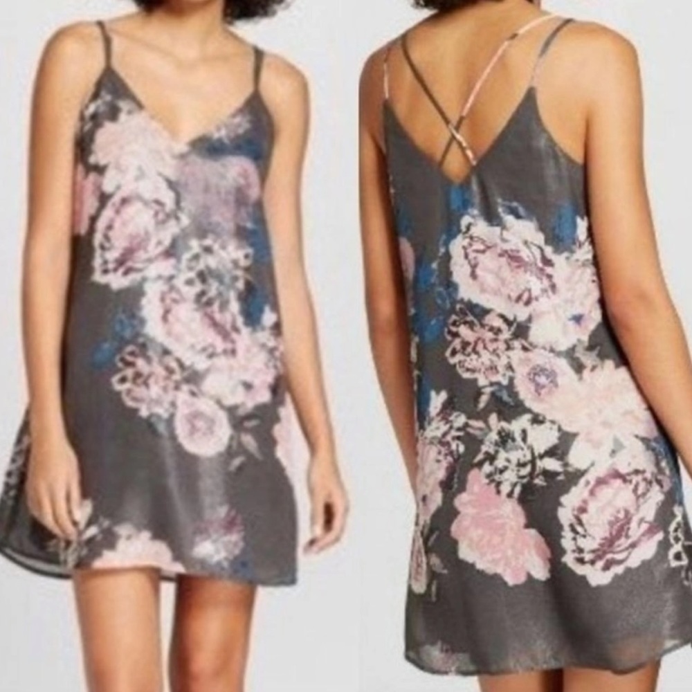 Xhilaration Floral Shimmer Slip Dress - Gray Pink Strappy Back Small